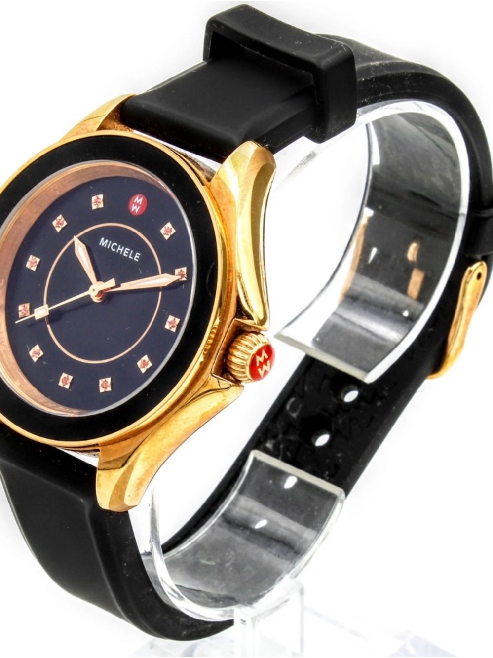 Michele Cape Watch 38mm Black Dial Rose Gold Tone Crystal Markers Silicone Strap